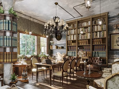 Cozy Café Interior Design With Wooden Bookshelves Chandelier Tables And Green Plants 3d model