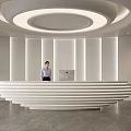 Modern Curved Luminous Reception Desk With Circular Ceiling Light For Bright Elegant Office Lobby Interior