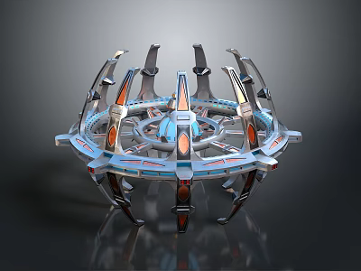 Futuristic Circular Mechanical Device With Metallic Arms Blue Core And Orange Accents 3d model