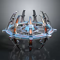 Futuristic Circular Mechanical Device With Metallic Arms Blue Core And Orange Accents