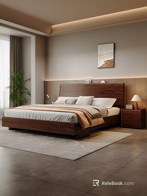 Modern Bedroom Interior With Wooden Bed Nightstand Table Lamp Green Plant Curtains And Rug 3d model 