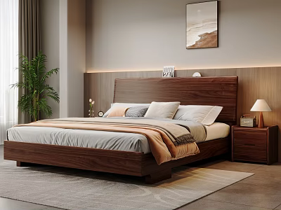 Modern Bedroom Interior With Wooden Bed Nightstand Table Lamp Green Plant Curtains And Rug 3d model