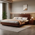 Modern Bedroom Interior With Wooden Bed Nightstand Table Lamp Green Plant Curtains And Rug