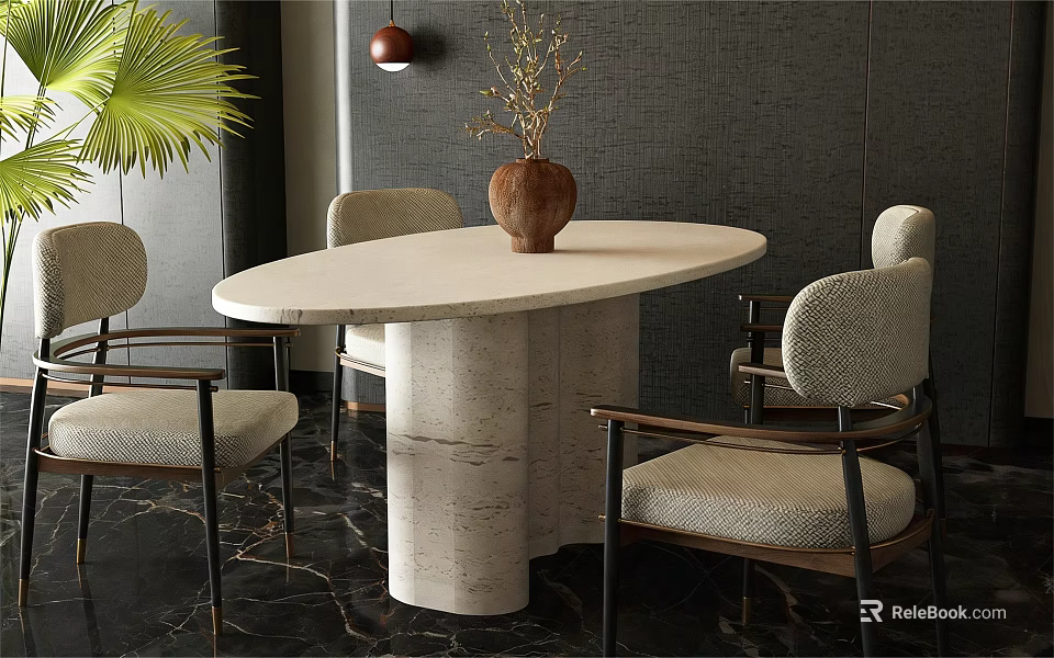 Modern Oval Stone Dining Table Set With Textured Pedestal And Four Light Gray Upholstered Chairs 3d model 