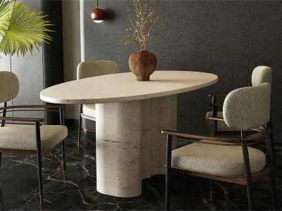 Modern Oval Stone Dining Table Set With Textured Pedestal And Four Light Gray Upholstered Chairs 3d model