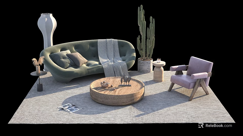 Curved Green Sofa and Round Coffee Table Set with Pillows Throw Blanket Purple Chair Cactus 3d model 