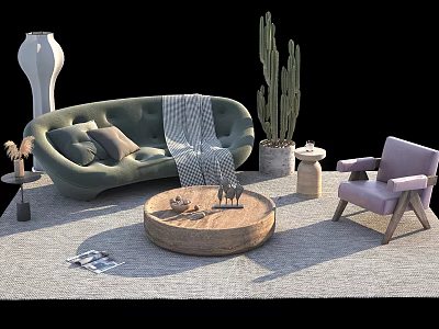Curved Green Sofa and Round Coffee Table Set with Pillows Throw Blanket Purple Chair Cactus 3d model