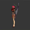 Bird Standing with Outstretched Colorful Golden Purple Wings Red Top Skirt Feathered Headdress High Heels