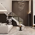 Modern Living Dining Room Interior With Sofa Round Coffee Table Circular Pendant Lights Marble Flooring And Glass Staircase