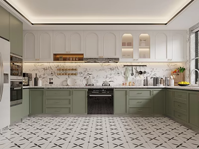 Modern Kitchen Interior With Green White Cabinets Patterned Floor Island Counter And Appliances 3d model