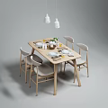 Light Wooden Dining Table Set With Four Chairs Table Settings And Pendant Lights 3d model