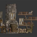 Rustic Interior With Stone Fireplace Two Armchairs Bookshelf Wooden Table And Framed