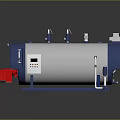 Industrial Steam Boiler With Cylindrical Silver Blue Body Control Panel Pipes And Valves