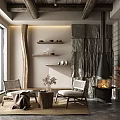 Rustic Living Room Interior With Wooden Ceiling Beams Fireplace And Large Windows