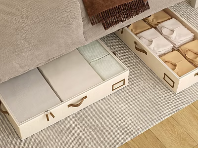 Under Bed White Storage Bins with Handles Holding Neatly Folded Clothes in Bedroom 3d model