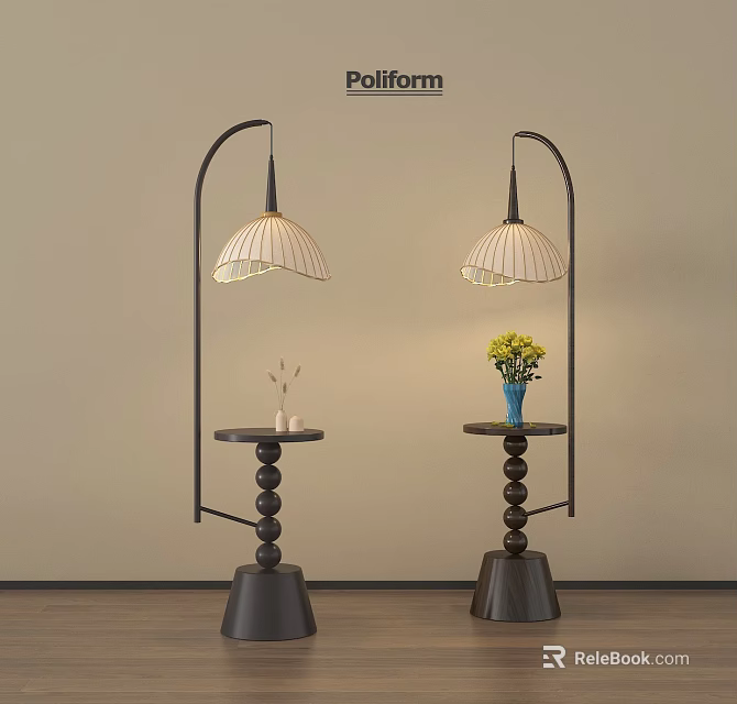 Modern Arc Floor Lamps With Striped Lampshades Black Base Small Tables Blue Vase Yellow Flowers 3d model 