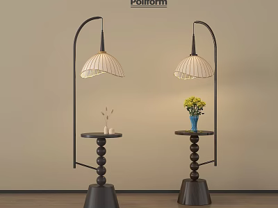 Modern Arc Floor Lamps With Striped Lampshades Black Base Small Tables Blue Vase Yellow Flowers 3d model