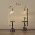 Modern Arc Floor Lamps With Striped Lampshades Black Base Small Tables Blue Vase Yellow Flowers