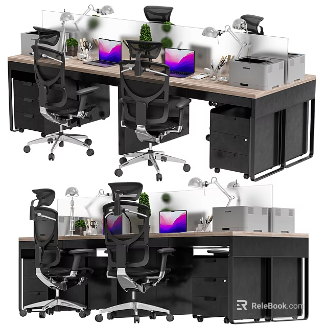 Modern Office Desk With Ergonomic Chairs Dual Monitors Printer And Potted Plant 3d model 