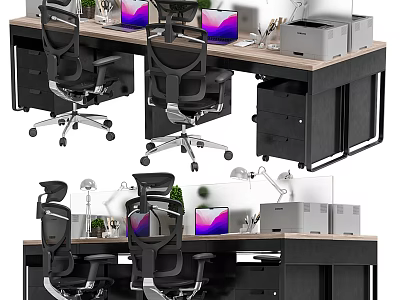 Modern Office Desk With Ergonomic Chairs Dual Monitors Printer And Potted Plant 3d model