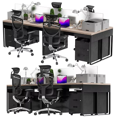 Modern Office Desk With Ergonomic Chairs Dual Monitors Printer And Potted Plant 3d model