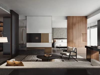 Elegant Modern Hotel Room Interior With Sofa Coffee Table TV And Wooden Accents 3d model