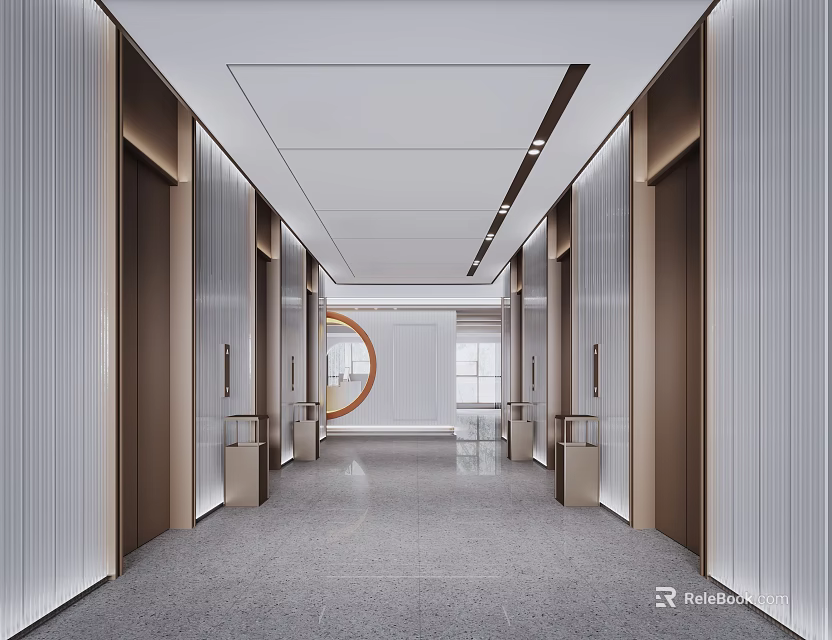 Modern Elevator Lobby Design With Silver Paneled Walls Side Elevator Doors Gray Marble Floor And Ceiling Lights 3d model
