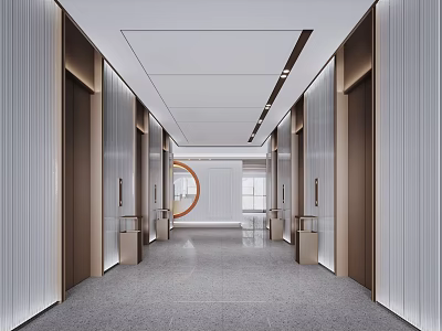 Modern Elevator Lobby Design With Silver Paneled Walls Side Elevator Doors Gray Marble Floor And Ceiling Lights 3d model