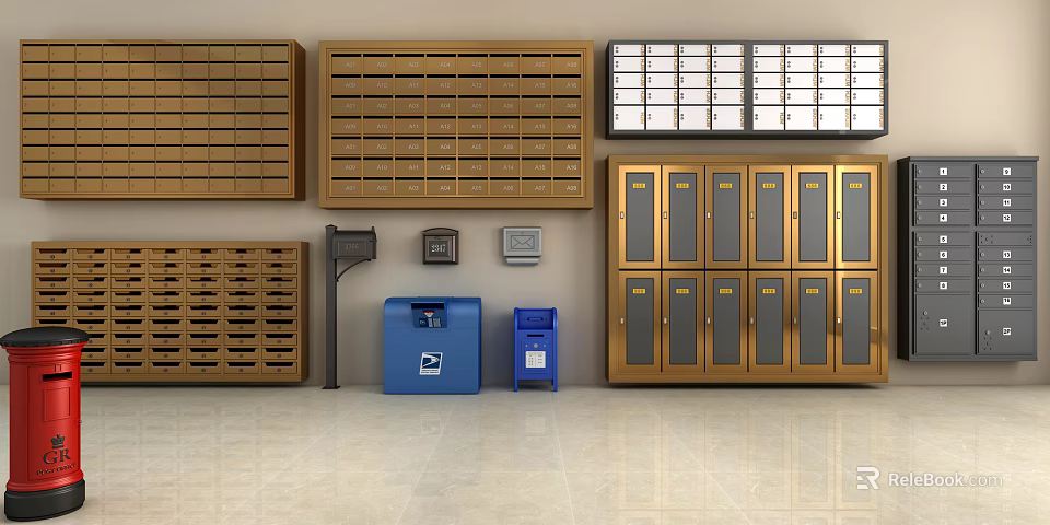 Public Facility Featuring Wooden Metal Mailboxes Lockers And Blue Mail Drop Boxes 3d model