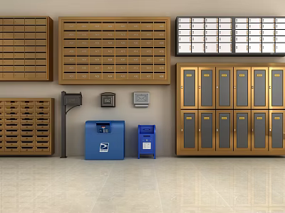 Public Facility Featuring Wooden Metal Mailboxes Lockers And Blue Mail Drop Boxes 3d model