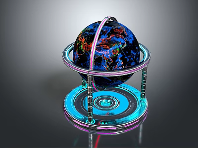 Modern Colorful Decorative Ornament Set with Globe Metal Stand and Shiny Blue Base 3d model
