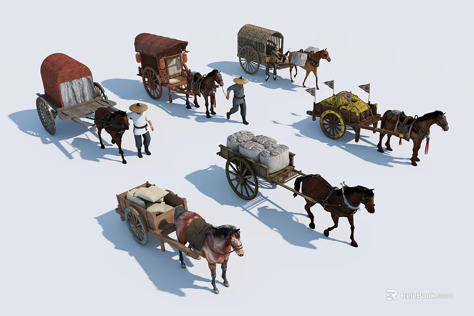 Various Styles of Horse Drawn Carriages With Horses and People Figures 3d model 