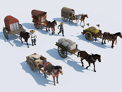 Various Styles of Horse Drawn Carriages With Horses and People Figures 3d model