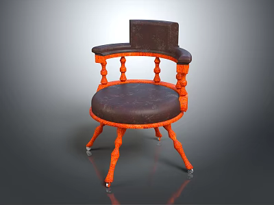 Orange Wooden Frame Accent Chair With Dark Brown Leather Seat And Carved Armrests 3d model