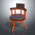 Orange Wooden Frame Accent Chair With Dark Brown Leather Seat And Carved Armrests