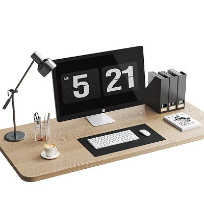 Modern Computer Workspace With Monitor Keyboard Mouse Desk Lamp And 5 21 AM Clock 3d model