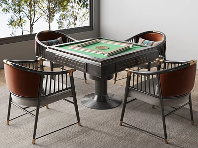 Modern Mahjong Entertainment Table With Brown Metal Framed Chairs In Bright Room With Window Trees 3d model