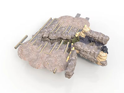 Detailed 3D Model Scene Components Featuring Stone Walls Wooden Beams And Ruins Structure 3d model