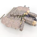 Detailed 3D Model Scene Components Featuring Stone Walls Wooden Beams And Ruins Structure