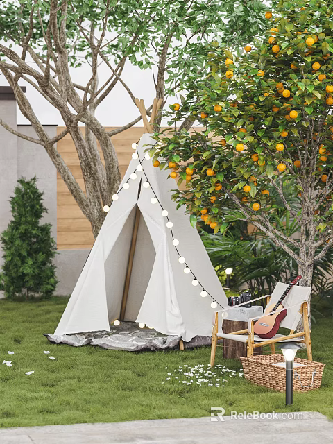 White Teepee Tent in Outdoor Garden with String Lights Orange Tree and Guitar 3d model 