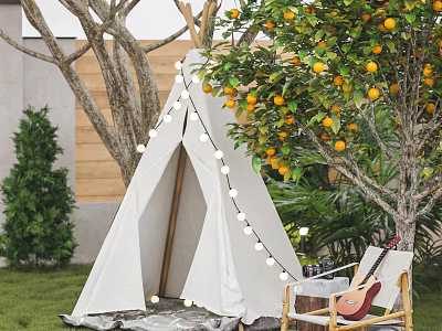 White Teepee Tent in Outdoor Garden with String Lights Orange Tree and Guitar 3d model