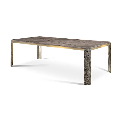 Modern Dining Table With Wooden Tabletop Gold Trim And Natural Wood Grain Legs 3d model