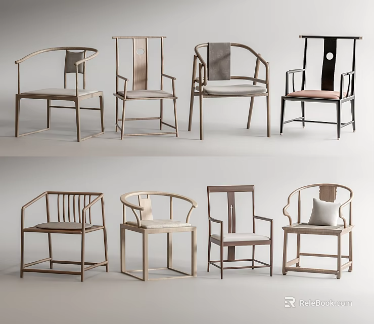 Various Modern Armchairs With Unique Backrest Designs And Wooden Frames 3d model