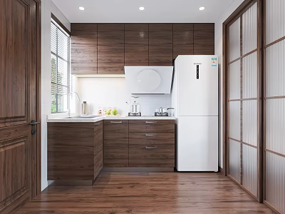 Modern Kitchen Interior With Dark Wooden Cabinets White Refrigerator And Wooden Flooring 3d model