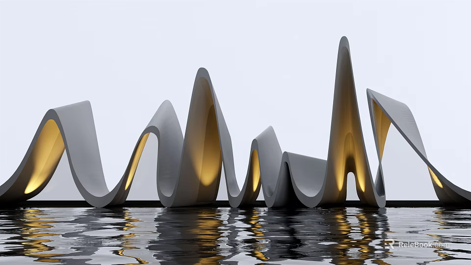 Modern Landscape Sculpture with Curved Wavy Shapes and Illuminated Details Reflected in Calm Water Surface 3d model