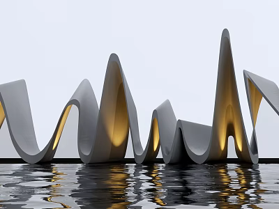 Modern Landscape Sculpture with Curved Wavy Shapes and Illuminated Details Reflected in Calm Water Surface 3d model