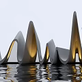 Modern Landscape Sculpture with Curved Wavy Shapes and Illuminated Details Reflected in Calm Water Surface