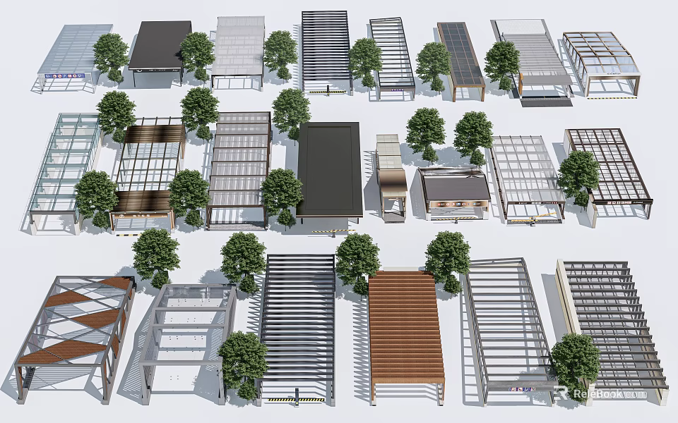 Various Modern Roof Designs With Different Materials And Green Trees 3d model