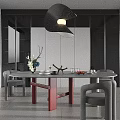 Modern Round Dining Table and Grey Chairs Set With Red Legs Pendant Light Decor Items