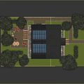 Blue Detached House With Black Roof Solar Panels Green Lawn And Trees